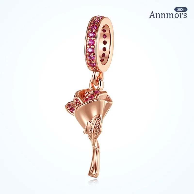 

Woman Flower Pendant Silver Plated Fits Pandora Original Bracelet 3D Rose Gold Rose Necklace Charm Pink Stone Jewelry