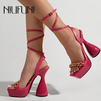 niufuni roman strappy thick heels fashion metal chain big fish peep toe ankle cross lace up platform sandals women shoes size 41