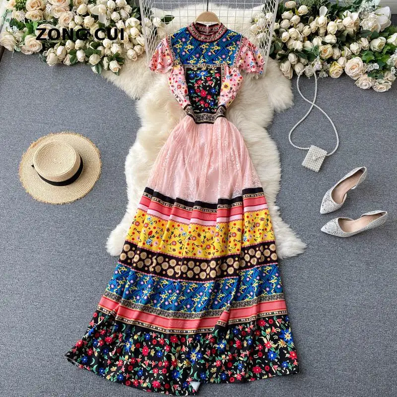 

Summer Women Lace Splicing Long Dress Floral Printed Short Sleeve O Neck Ladies Boho Dresses Big Swing Holiday Maxi Dresses