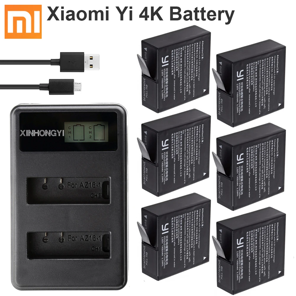 4x Аккумулятор bateria yi 4k+ LCD Dual charger для оригинального xiaomi yi 2 xiaoyi 4k 4k plus Черные Аксессуары для спортивной камеры