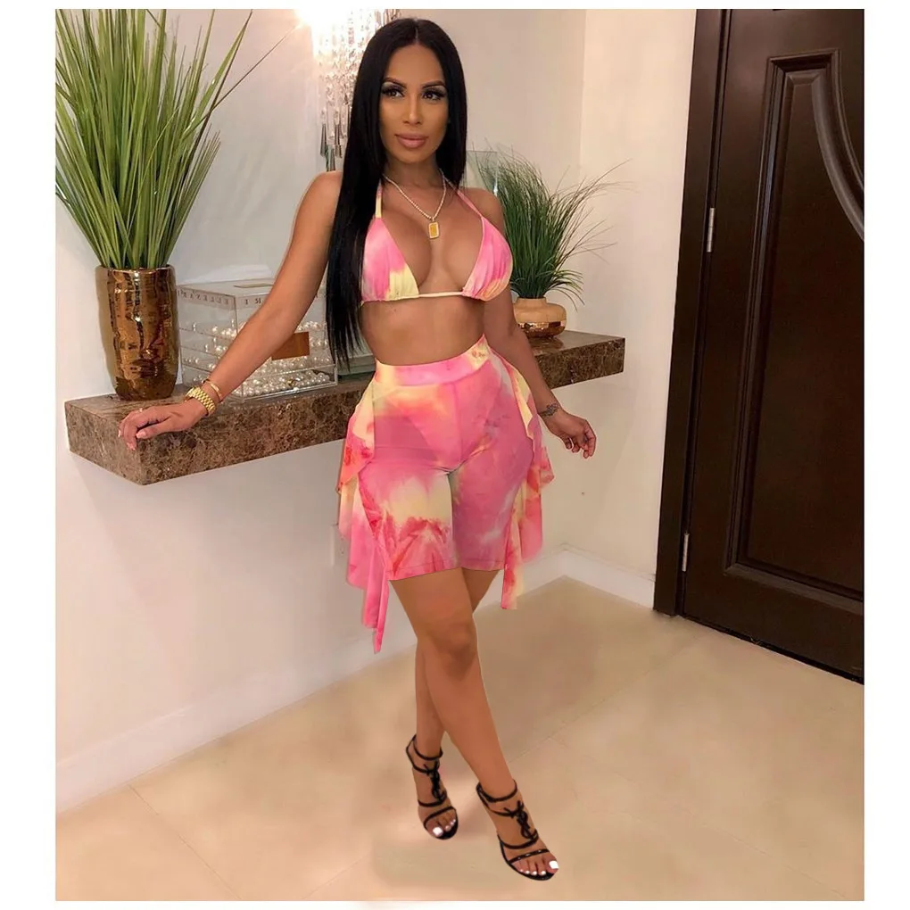 

Summer Two Piece Set Women Beach Bikini Sexy Bra Top+Ruffles Mesh See Through Pants Bikini Swimsuit Bathing 2 Piece Suit