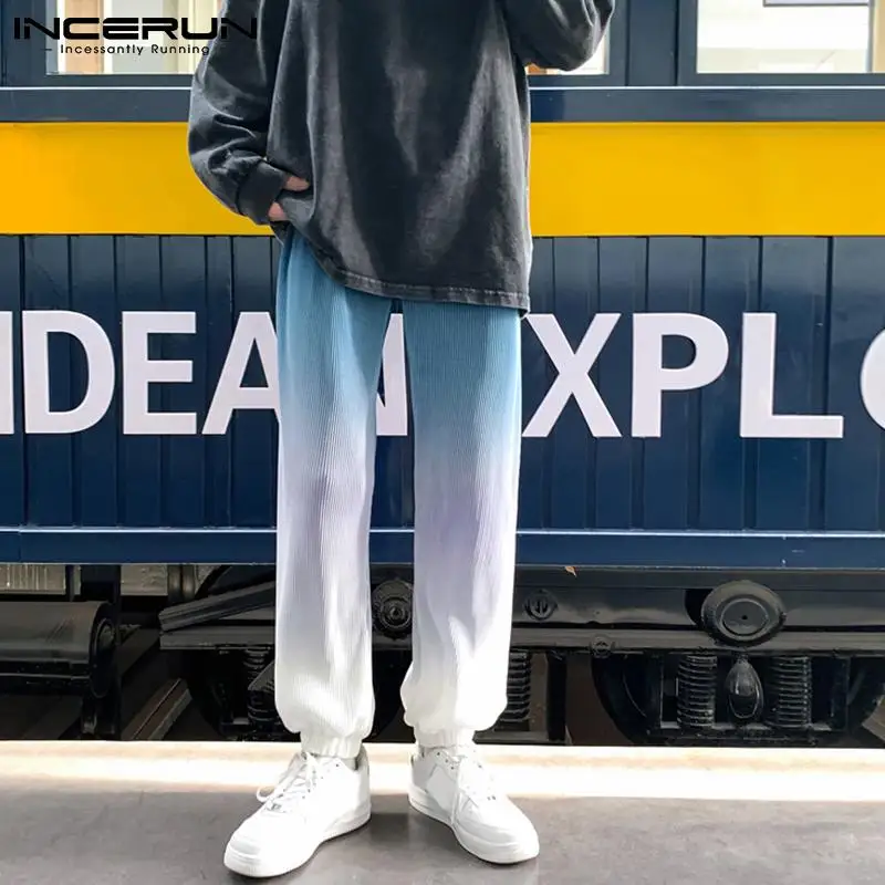 

INCERUN корейский стиль новые мужские Модные Цветные градиентные цветные брюки мужские повседневные драпированные длинные брюки шаровары пли...