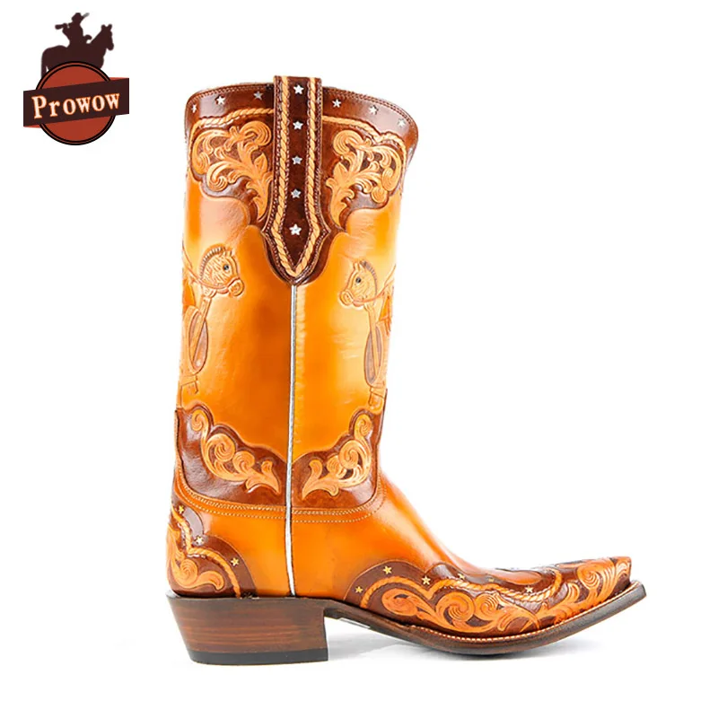 Prowow/женские ковбойские сапоги на высоком каблуке Женские до середины икры ручной