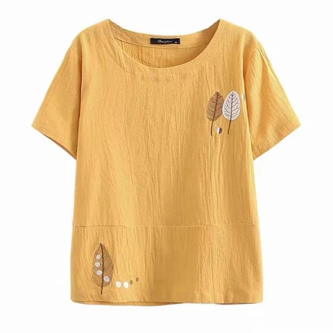 Хлопковая льняная летняя блузка женские туники с коротким рукавом с вышивкой Женские топы рубашки однотонная свободная футболка Повседневная