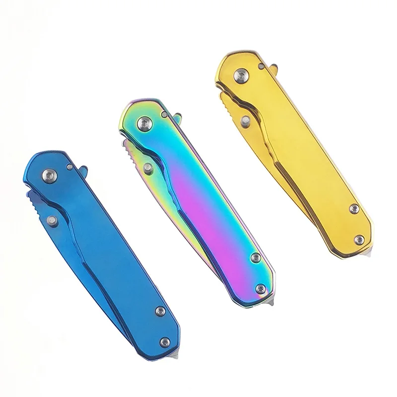 

Rainbow gold blue color Titanium stainless steel tactical knife outdoor hunting rescue sharp blade survival tool folding knife