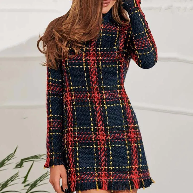 Сексуальное короткое платье для женщин Осень-зима клетчатое длинный рукав мини