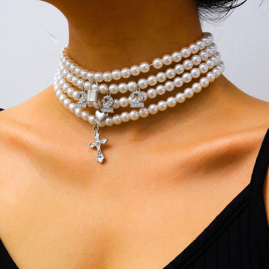 

Baroque Pearl Choker Necklace for Women Layered Silver Color Rhinestone Letter Pedant Necklace Gothic Boho Neck Collar Jewelry