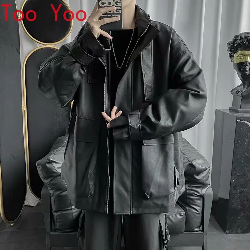 

Dark department bomb street coat men autumn winter windbreaker vintage motorcycle leather jacket loose leather jacket