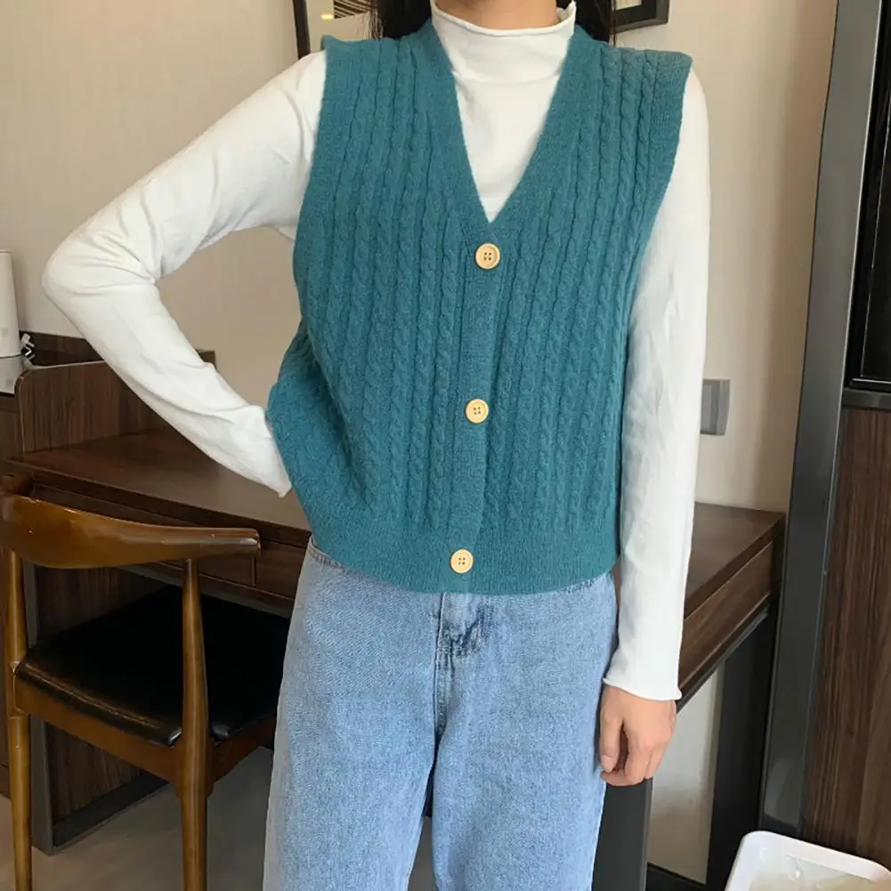 

Women Solid Color V Neck Single-breasted Braid Knitted Cardigan Waistcoat Vest
