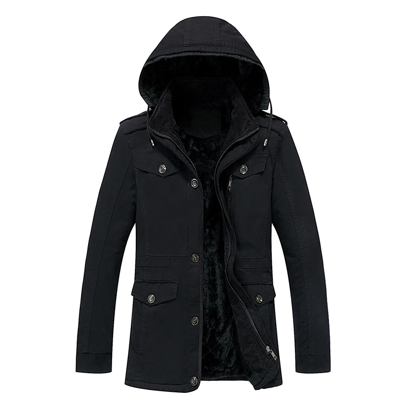 

Winter Men's Multi-pocket Down Jacket Coat, Plus Size Slim Thick Warm with Hood Wash Velvet Windbreaker black Cotton Coat Male