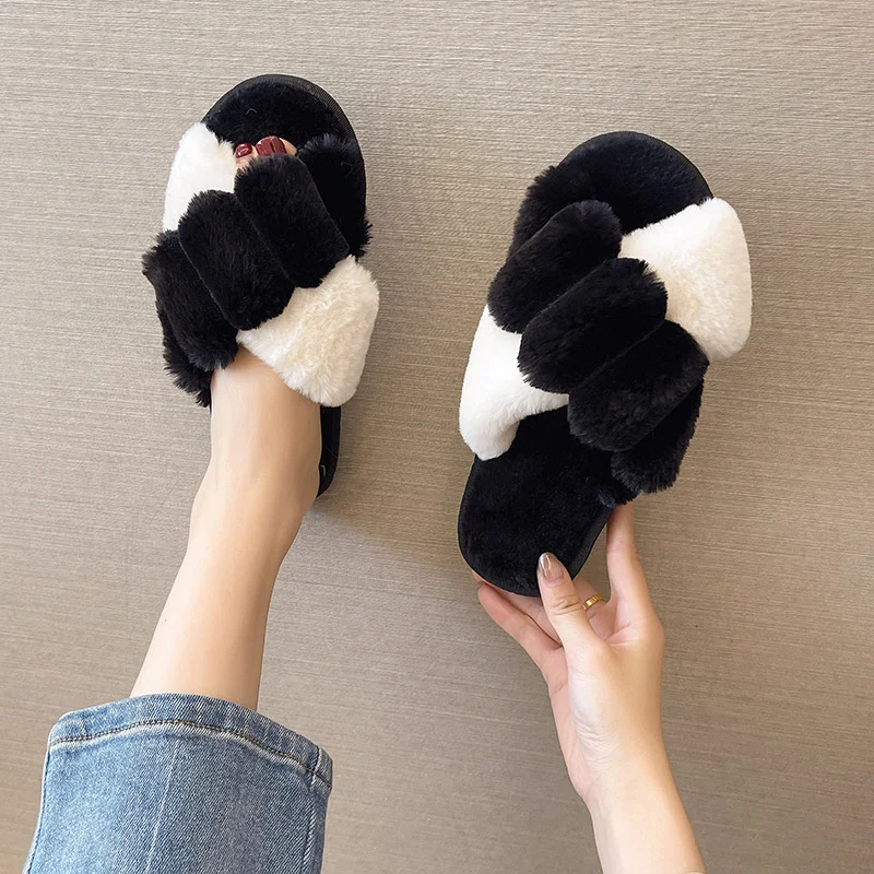 

Winter Women Fur Slippers Flat Warm Plush Shoes Woman Fleeces Pantuflas Cross Pleated Band Furry Slides Mujer