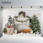 Рождественский фон для студийной фотосъемки с изображением белой кирпичной стены, Фотофон с рождественской елкой, оленем, зимой и снегом для декора фотографий