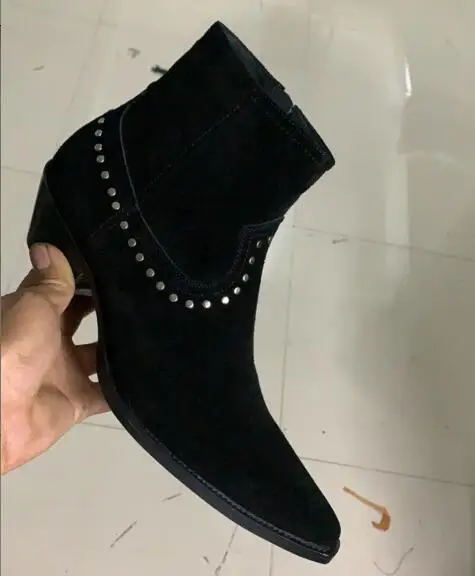 Shiny Rivets Black flock Top Quality Men Chelsea Boots Ankle Flats Side Zipper Euro size 45 46 shoes women Trainers | Обувь