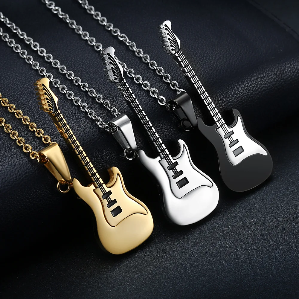 1pcs Trendy Leather Chain Guitar Necklace For Men Punk Rock Music Jewelry Gift Stainless Steel Pendant Wholesale | Украшения и