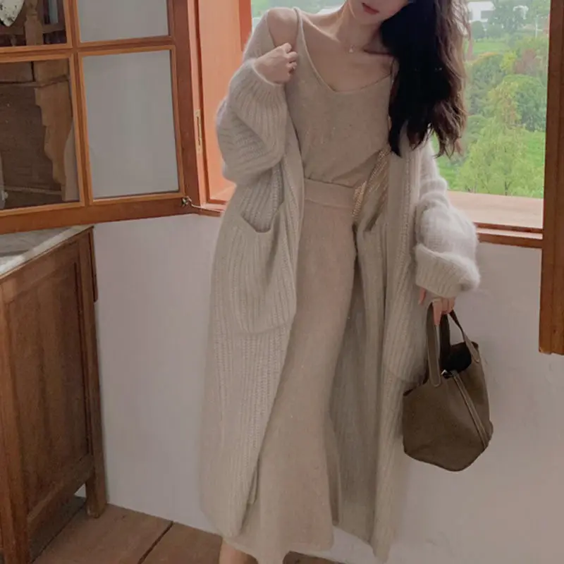 

Женский трикотажный кардиган с длинным рукавом, Свободное длинное платье-свитер с длинным рукавом, весна-осень