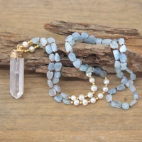 raw crystal point pendants natural aquamarines pearl irregular beads knotted handmade necklace mala yoga women jewelryqc0132