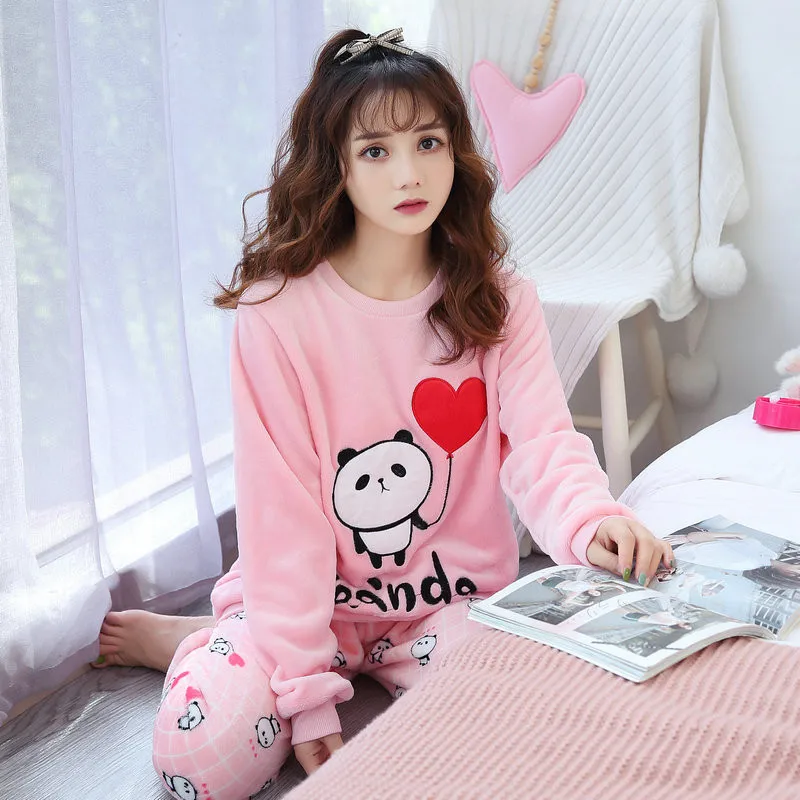 Cartoon Panda Pajamas Lady 2020 Winter Love Coral Fleece Thicken Plus Flannel Home Wear Set Cute | Женская одежда