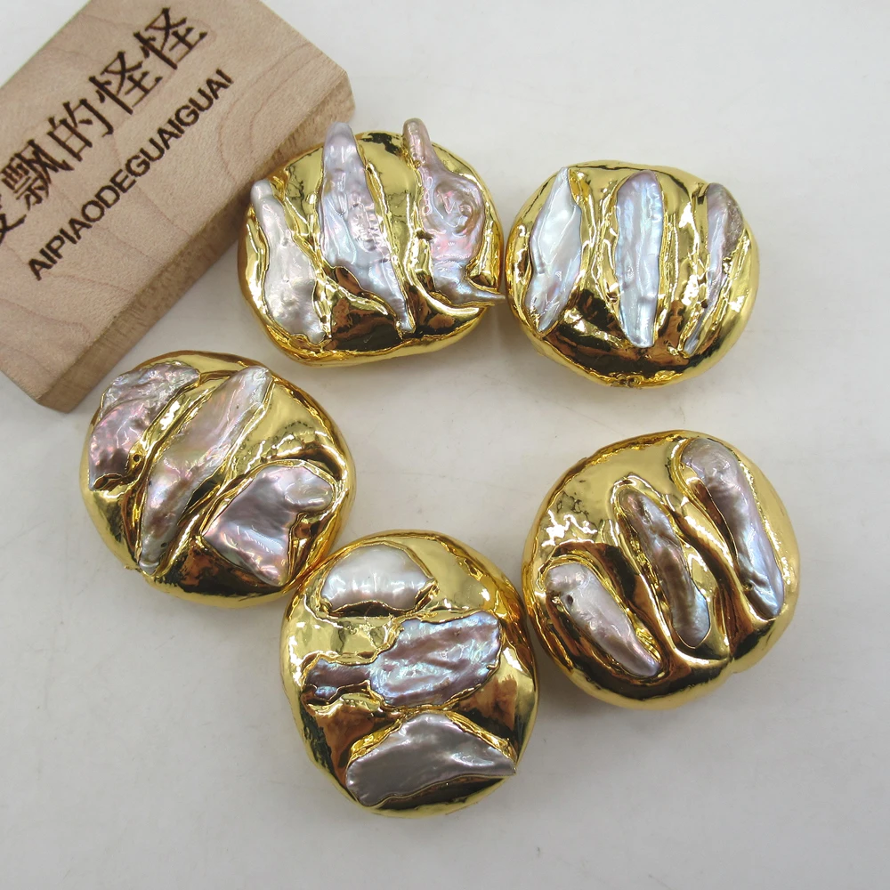 

APDGG Wholesale 5 pcs Freshwater Cultured White Biwa Pearl Beads Gold Plated Coin Beads