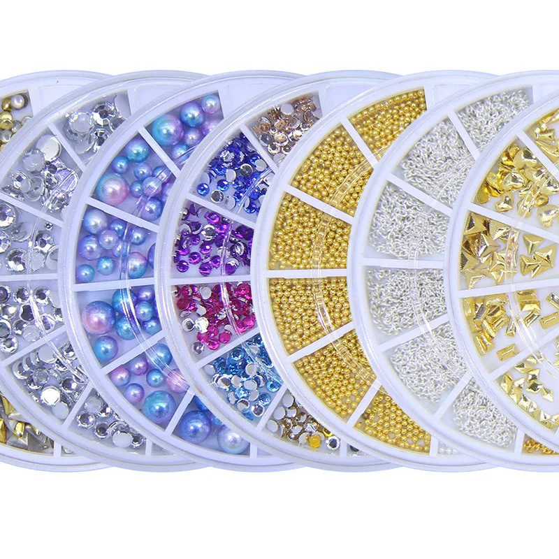 

DIY Nail Art Decorations New Nail Disc 12 Grid Flat Bottom Diamond Magic Gold Metal Steel Ball Discs Nail sticker nail jewelry