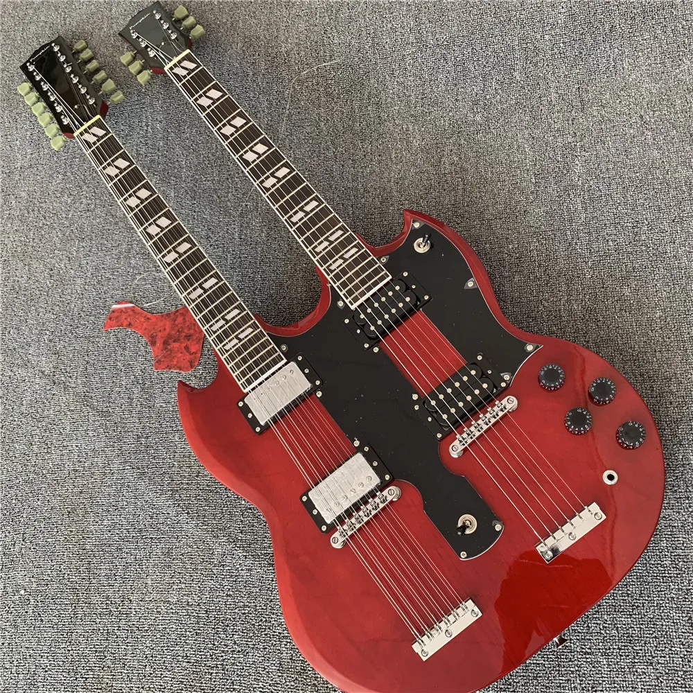 Guitarra eléctrica de cuerpo rojo vino envejecido, 12 y 6 cuerdas, doble cuello, Led, Zeppeli, 1275, Envío Gratis en stock