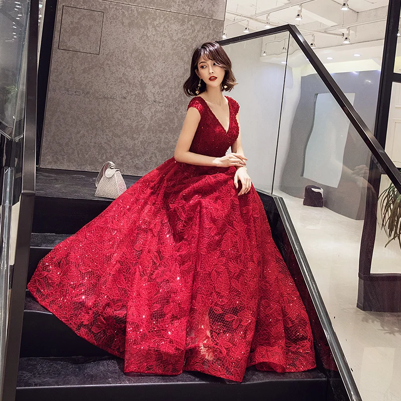 

Long Evening Dresses Cap Sleeves Lace sequins Prom Dress Elegant Beading Embroidery Formal Gowns gala Ladies Gown