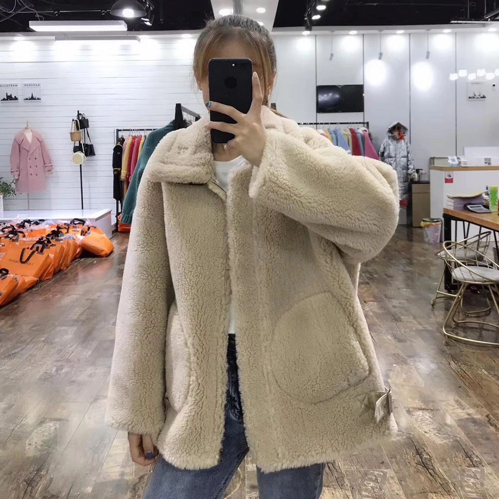 

Faux motocycle 30% wool fur jacket teddy female 2020 warm winter coat women plus size