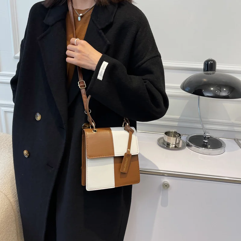 

Autumn Contrast Color Bag New Leisure Women's Bag Single Shoulder Messenger Small Square Bag Ins Leisure Texture Popular Bag