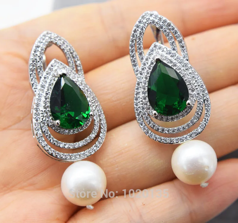 Ожерелье и серьги круглой формы с пресноводным жемчугом 10-11 мм зеленым Цирконом -