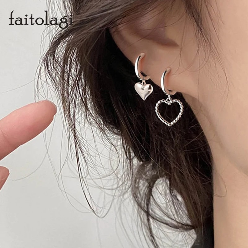 

2Pcs/Set Asymmetric Hollow Heart Drop Earrings for Women Silver Color Simple Style Piercing Hoop Earrings 2021 Trend Jewelry