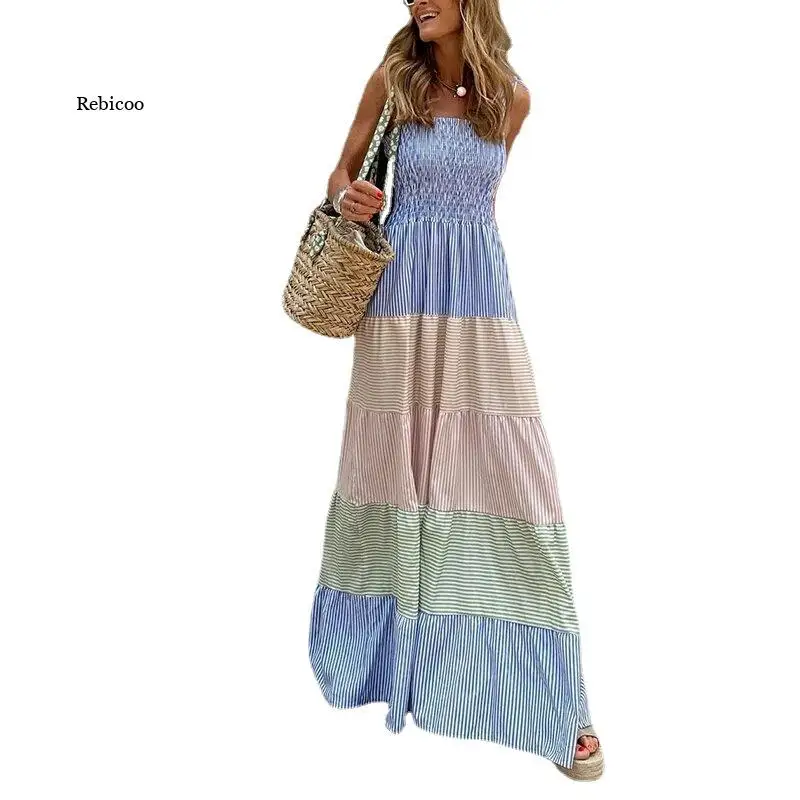

2021 Summer Dress Women's Striped Color Block Dress Slim Sleeveless Sling Casual Long Skirt Vestidos