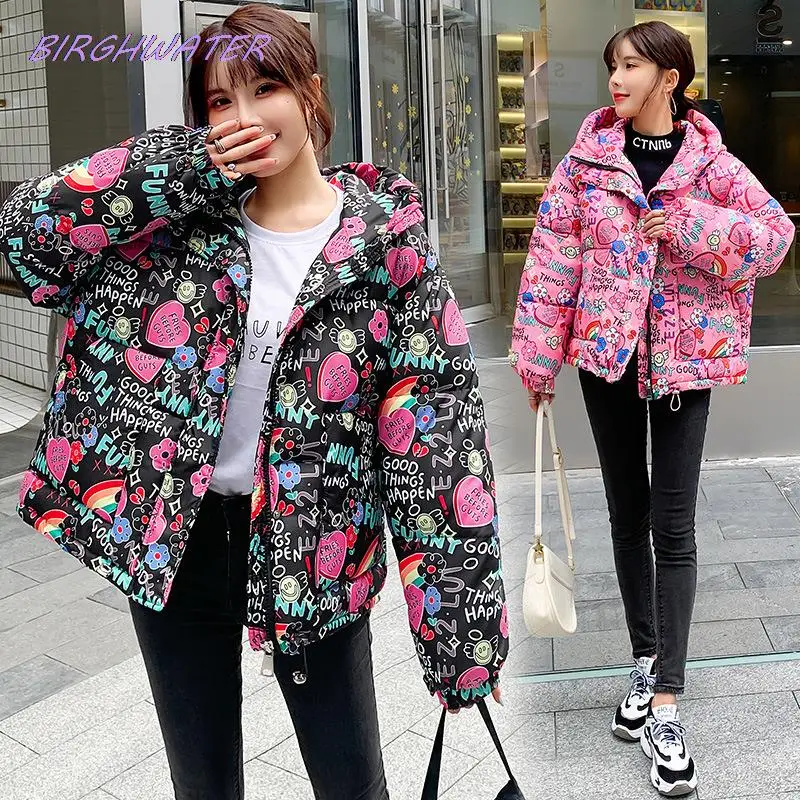 

Women's Cotton Coat 2021 Fashion New Camouflage Graffiti Printing Short Bread Thick Coat Winter Women Down Cotton Jackets