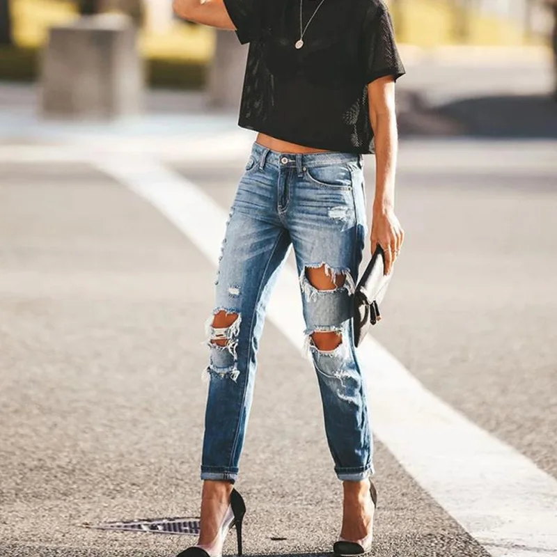 

WEPBEL Jeans Summer Vintage Button High Waist Hole Denim Straight Pants Women's Solid Color Bleached Washed Denim Trousers