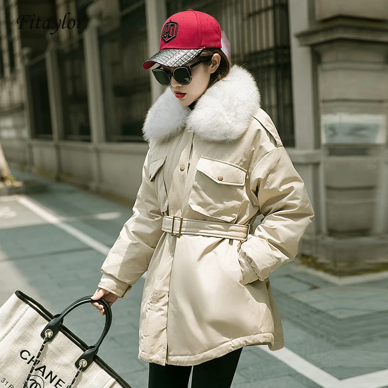 Fitaylor новинка зимние куртки для женщин большой натуральный меховой воротник