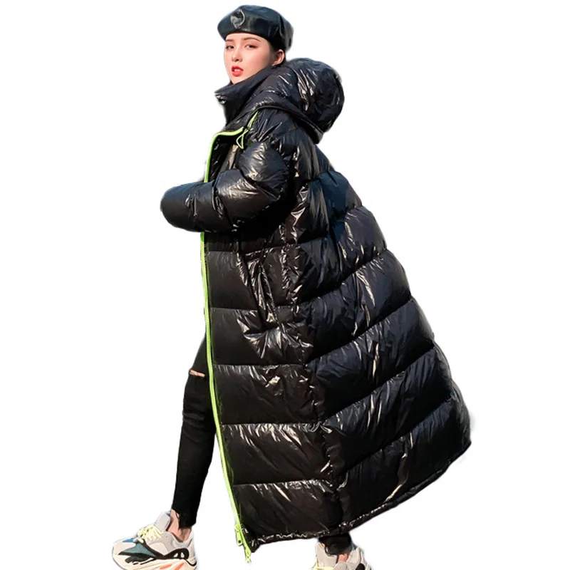 Женский пуховик выше колена блестящее Стеганое пальто зимняя теплая Толстая