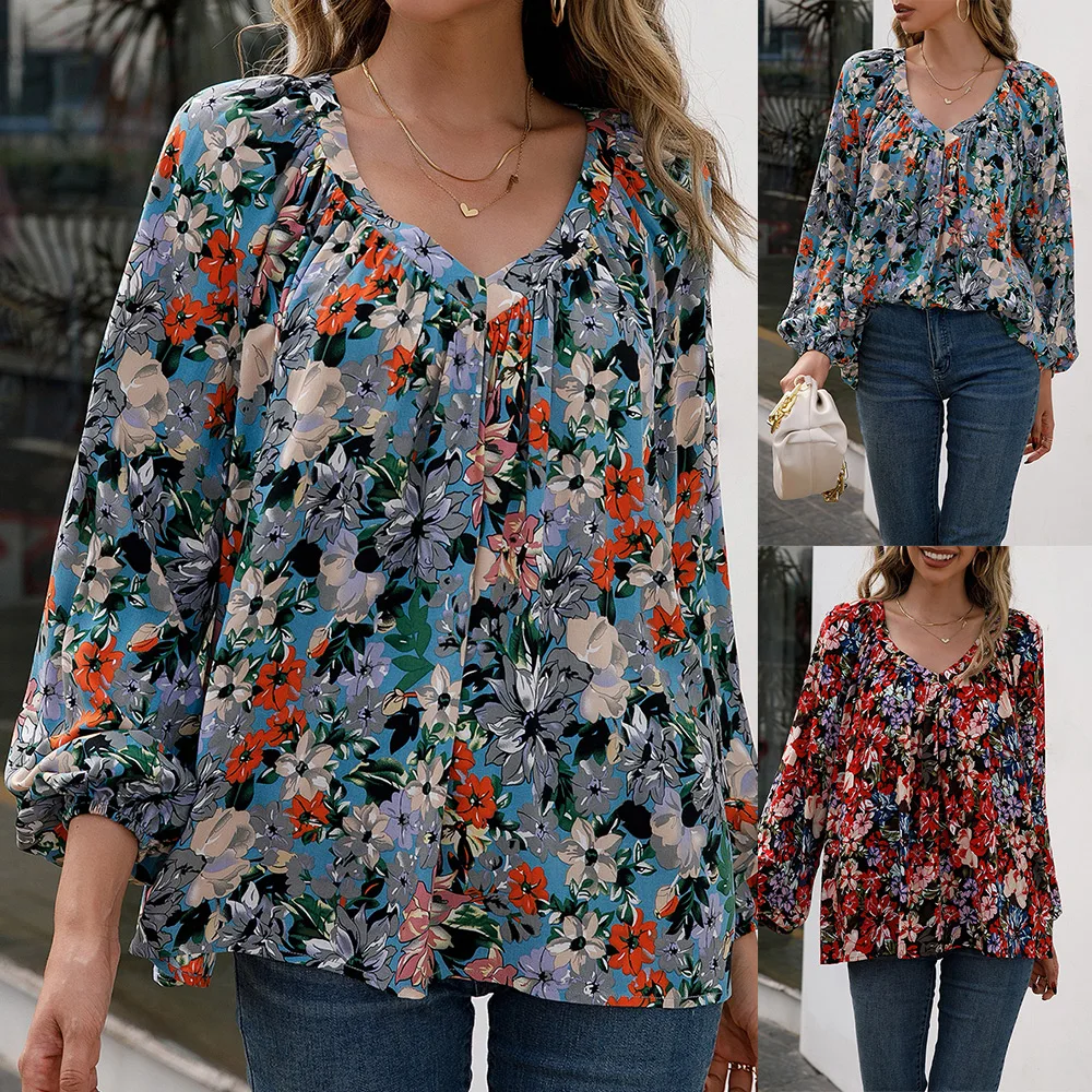 

Long Sleeve Lantern Sleeve Spring/Autumn Tee Shirt Tops V-Neck Floral Print Women Tops T-Shirt Blouses Elegant Fashion Blouses