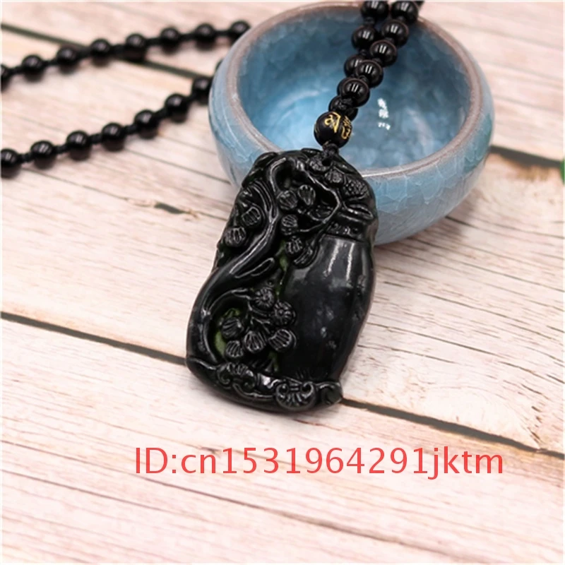 Obsidian Plum Carved Pendant Charm Amulet Vase Green Natural Men Black Jade Blossom Jewelry Gifts Necklace for Chinese | Украшения и