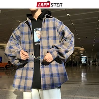 2021 new men harajuku color block plaid shirt man streetwear fleece shirts long sleeve male vintage korean fashions clothes