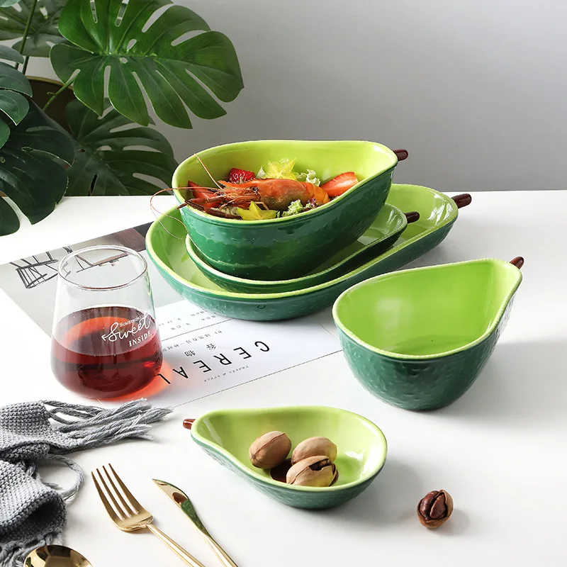 Creative Avocado Plate Cute Ceramic Tableware Household Dishs Snack Plate Avocado Bowl Salad Fruit Plate Dinnerware Sets
