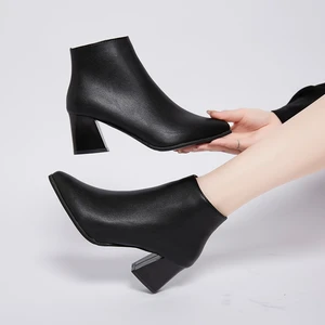 2021 New Fashion Leather Ankle Boots Women Thick High Heels Zipper Pointed Toe Autumn Winter Woman Shoes Square Heel White Black