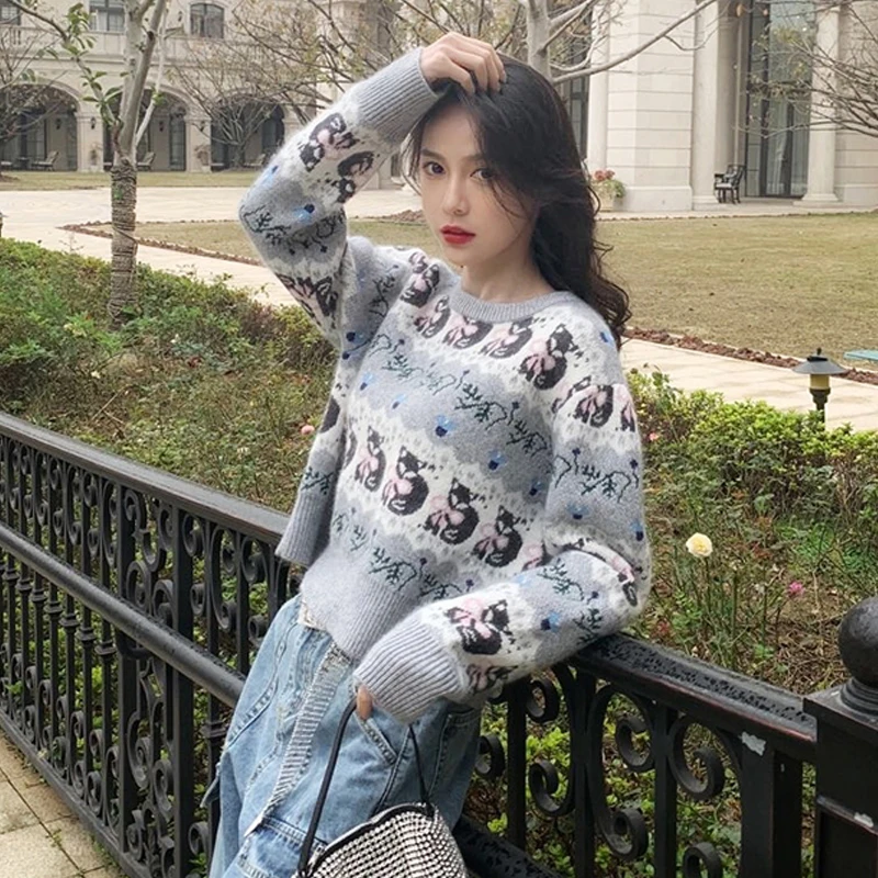 Женский короткий свитер 2019 модный жаккардовый вязаный с круглым вырезом пуловер