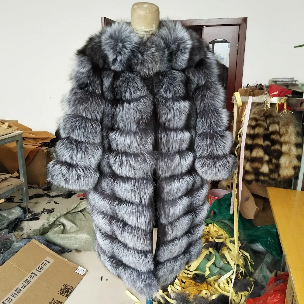 MLHXFUR на заказ 80 см шуба из серебристого лисьего меха горизонтальные полосы зимняя куртка из лисьего меха Блейзер парка плюс размер для женщин мужчин 6XL 7XL