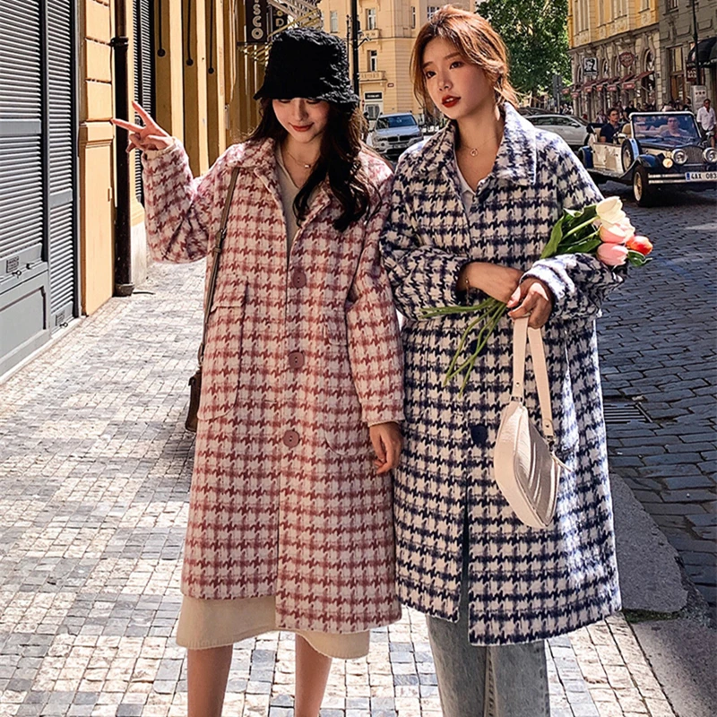 Женское длинное твидовое пальто роскошное шерстяное с принтом мешковатое