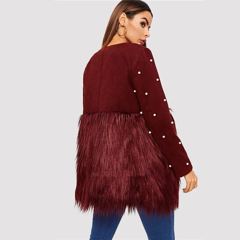 SHEIN Контрастное Пальто С Бусинами И Эко Мехом Стильное Пальто