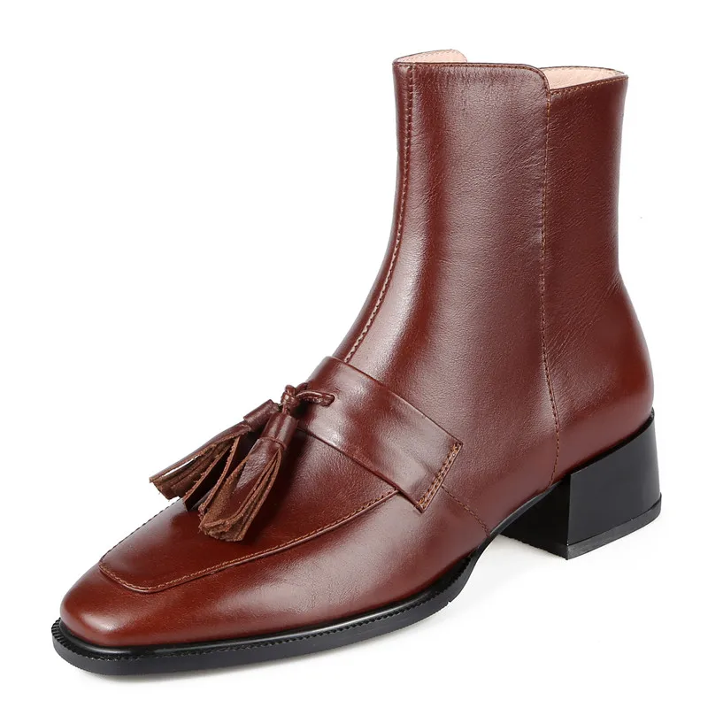 

New Fashion Retro Tassel College Small LeatherShort Boots Square Head Thick Heel British Style Chelsea Ankle Boots Women Shoes