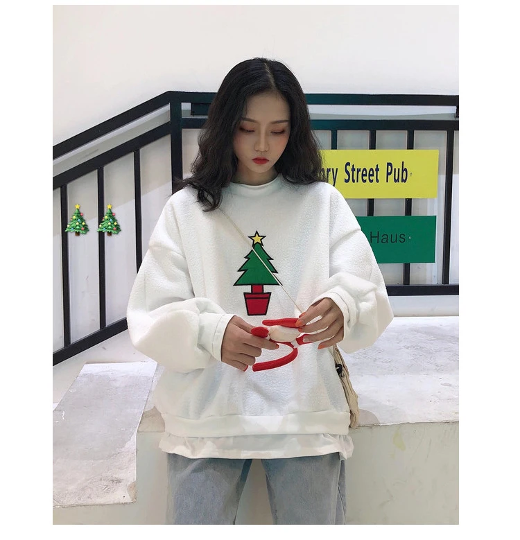 

XZ713 Spring and summer thin cartoon embroidery fake two pieces stitching lamb wool plus velvet padded Sweatshirts women