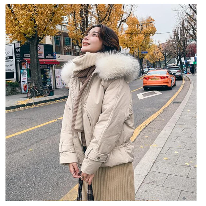 Зимняя парка с мехом енота плюс размер куртка гусиным пером Женская на белом