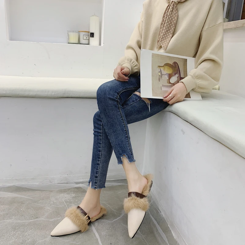 BeautyFeet/; женские летние меховые тапочки; женские плюшевые прозрачные сандалии из искусственного меха с квадратным носком; повседневные уличные шлепанцы на плоской подошве