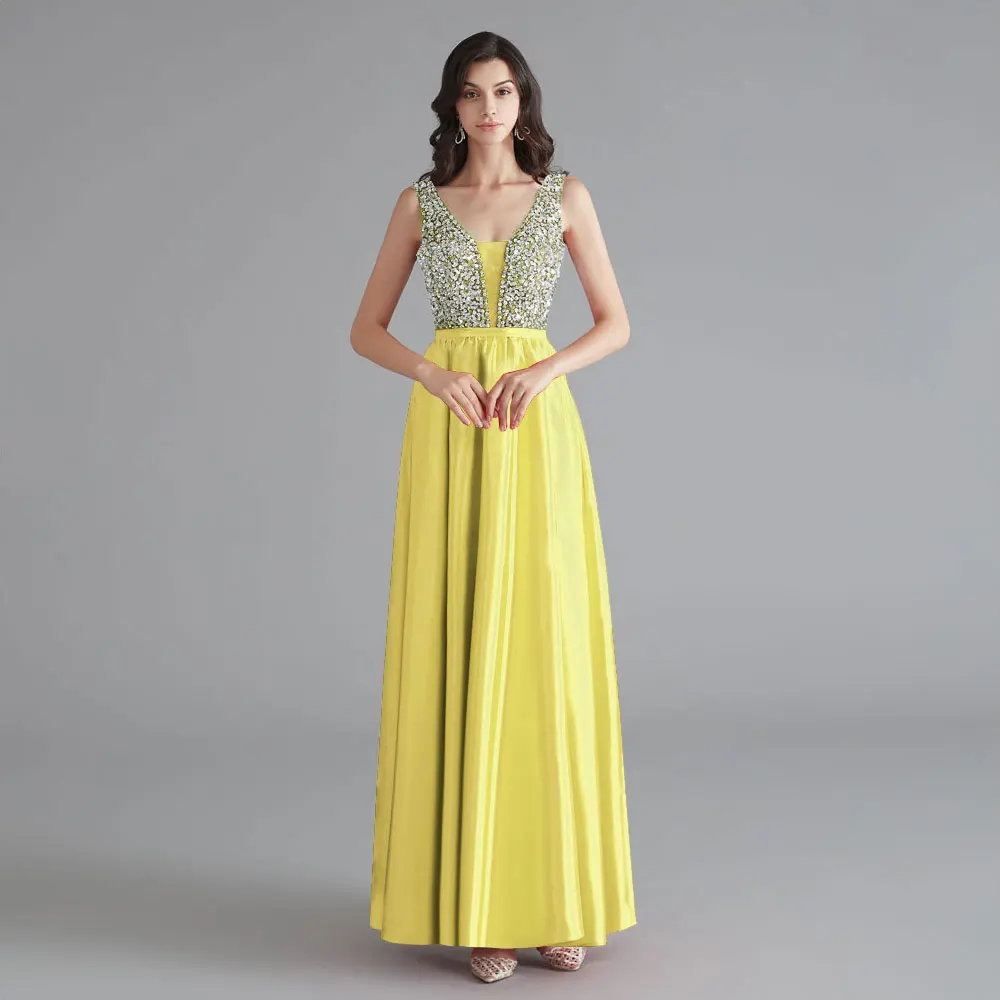 Yellow Beauty Emily,, v-образный вырез, стразы, без рукавов, платья подружек невесты, длинное, на заказ, свадебное платье, Vestido dama de honor - Цвет: Yellow
