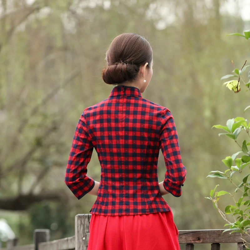 Красно черная клетчатая блузка хлопковая рубашка в китайском стиле Женский