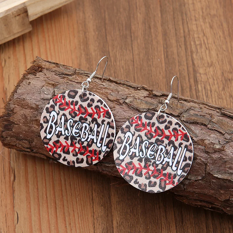 

Новое поступление 2022, висячие серьги из искусственной кожи с Бейсбольным принтом, круглые леопардовые серьги, Модная бижутерия для женщин и девушек, подарок